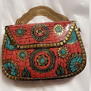 New Antik Kraft Clutch/CrossbodyMetal Strap Chain Mosaic Coral Turquoise 8” X 5”